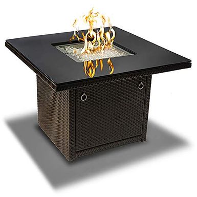 image of Outland Living Series 410 Brown 36-Inch Outdoor Propane Gas Fire Pit Table, Black Tempered Tabletop w/Arctic Ice Glass Rocks and Resin Wicker Panels, Espresso Brown/Square with sku:b0779k4ydx-out-amz