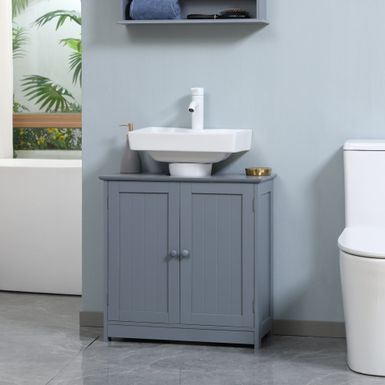image of HOMCOM Under Sink Bathroom Cabinet with 2 Doors and Shelf, Pedestal Sink Bathroom Vanity Furniture - Wood Finish - Light Grey - Single Vanities with sku:8p-frj2srimkqo4taqvz7gstd8mu7mbs-overstock