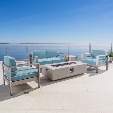 image of Cape Coral Outdoor Aluminum 5-piece Fire Pit Chat Set with Cushion by Christopher Knight Home - Light Teal + White + Silver + Light Grey with sku:o8_dvufklci2e-rbmcvpdastd8mu7mbs-chr-ovr