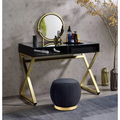 image of ACME Coleen Vanity Desk w/Mirror & Jewelry Tray, Black & Gold Finish with sku:ac00669-acmefurniture