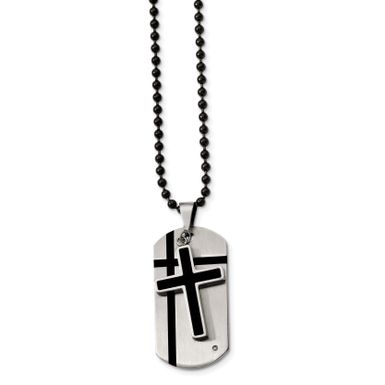 image of Chisel Stainless Steel Black Enamel Cross and Dog Tag with CZ Necklace with sku:drom0wuc5au8vfs687qu2astd8mu7mbs--ovr