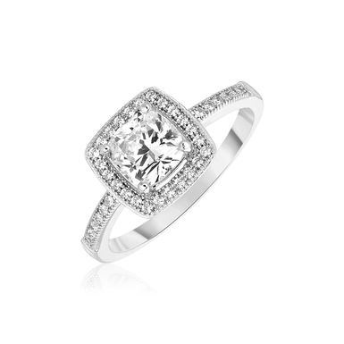 image of Sterling Silver Square Halo Ring with Cubic Zirconias (Size 8) with sku:95270-8-rcj