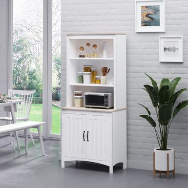image of HOMCOM 70" Kitchen Buffet Hutch with 3-Tier Shelving, Freestanding Storage Pantry Cabinet w/ Adjustable Shelves and Countertop - White with sku:mjtcbe-n0dmo_iywfx0pqastd8mu7mbs-aos-ovr