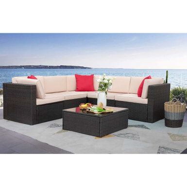 image of Homall 6 Pieces Patio Furniture Sets Outdoor Sectional Sofa All Weather PE Rattan Patio Conversation Set Manual Wicker Couch - Beige with sku:kv5z8krz2hgmpiilae35fqstd8mu7mbs--ovr