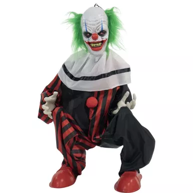 Life-Size Animatronic Crouching Clown with Lights and Sound, Indoor or Covered Outdoor Halloween Decoration