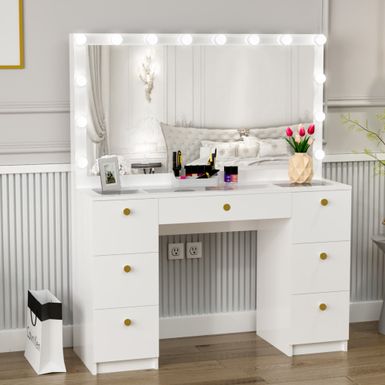 image of Boahaus Yara Lighted Vanity with Glass Top (White) - White-Gold Knobs with sku:mnsit8euevurginvfhtlvastd8mu7mbs-overstock