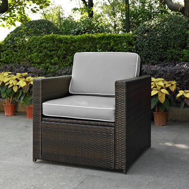 image of Palm Harbor Outdoor Wicker Arm Chair in Brown With Grey Cushions - 32.5 "W x  29.5 "D x 34.5 "H - 32.5 "W x  29.5 "D x 34.5 "H - Gray with sku:yffais9hyhum9udhjo5wpwstd8mu7mbs-cro-ovr