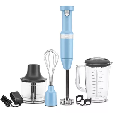 image of KitchenAid Cordless Variable Speed Hand Blender with Chopper and Whisk Attachment in Blue Velvet with sku:khbbv83vb-almo