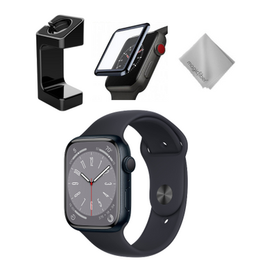 image of Apple Watch Series 8 GPS 45mm Midnight Aluminum Case with Midnight Sport Band S/M Midnight Bundle with sku:mnuj3b-streamline