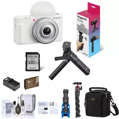 image of Sony ZV-1F Vlogging Camera, White Bundle with ACCVC1 Vlogger Accessory Kit, Shotgun Mic, Tripod, Shoulder Bag, Extra Battery, Charger, Screen Protector, Cleaning Kit with sku:isozv1fwvck-adorama