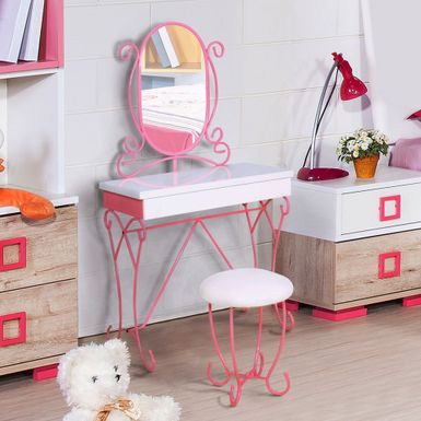 image of Gess Modern Pink Metal 2-piece Vanity and Stool Set by Furniture of America - Pink/White with sku:xeqyblvfwsvudg93_txgdwstd8mu7mbs-overstock