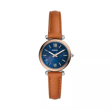 Fossil - Ladies Carlie Mini Rose Gold & Tan Leather Strap Watch Blue MOP Dial