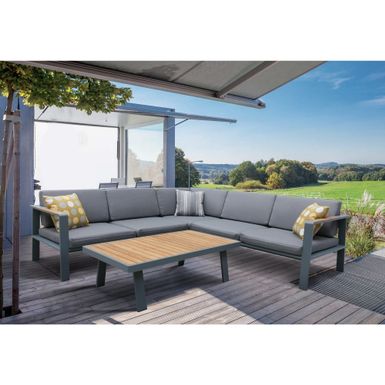 image of Armen Living Nofi Outdoor Patio Sectional Set in Charcoal Finish with Gray Cushions and Teak Wood with sku:ohpjwj1net_qp18nkdtdggstd8mu7mbs-arm-ovr