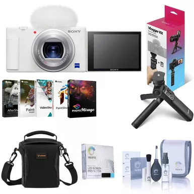 image of Sony ZV-1 Compact 4K HD Digital Camera, White Bundle with Sony Shooting Grip/Tripod, 64GB UHS-II SD Card, Bag, Corel PC Software Suite, Screen Protector, Cleaning Kit with sku:isozv1wvc-adorama
