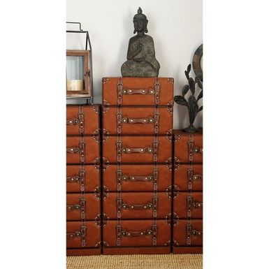 image of Traditional Wood and Leather Trunk Style 6-Drawer Chest by Studio 351 - Tan with sku:rcnwyzixuhr4xscnwazzjgstd8mu7mbs-uma-ovr