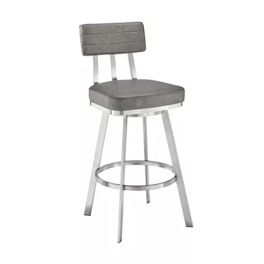 image of Jinab Swivel Bar Stool in Brushed Stainless Steel with Grey Faux Leather with sku:840254335295-armen