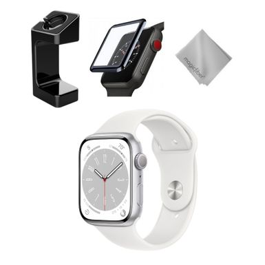 image of Apple Watch Series 8 GPS 45mm Silver Aluminum Case with White Sport Band M/L White Bundle with sku:mp6q3b-streamline