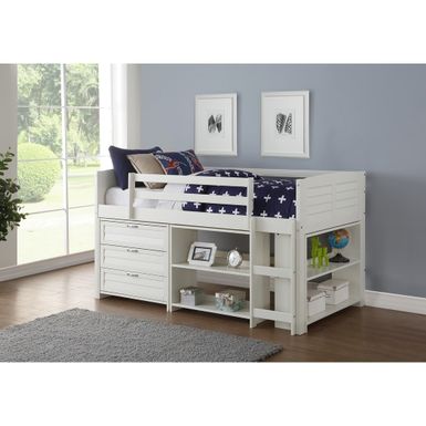 Donco Kids Twin Louver Low Loft in White with Optional Case Goods - 3 Drawer Chest and 2 Bookcases