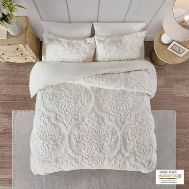 image of Off-White Viola 3 Piece Tufted Cotton Chenille Damask Duvet Cover Set King/Cal King with sku:mp12-6208-olliix