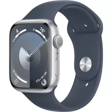 image of Apple Watch Series 9 GPS 45mm Aluminum Case with Storm Blue Sport Band (Medium/Large) - Silver with sku:bb22269425-bestbuy