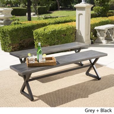 image of Rolando Outdoor Aluminum Dining Bench (Set of 2) by Christopher Knight Home - Grey + Black with sku:iyl1ts6ypqcyj5kuygzg_astd8mu7mbs-chr-ovr
