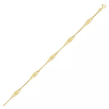 14k Yellow Gold Anklet with Fancy Diamond Shape Filigree Stations (10 Inch)