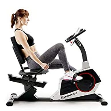 image of Marcy Regenerating Recumbent Exercise Bike with Adjustable Seat, Pulse Monitor and Transport Wheels ME-706 with sku:b075x13jf3-amazon