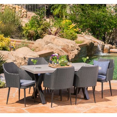 image of Macy Outdoor 7-Piece Wicker Lightweight Dining Set by Christopher Knight Home - Grey with sku:nzaklcpt9agstkc_vcn2castd8mu7mbs-overstock