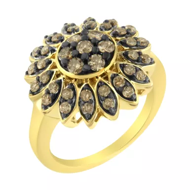 10K Yellow Gold Plated .925 Sterling Silver 1 cttw Prong Set Round-Cut Diamond Floral Cocktail Ring (I1-I2 Clarity, J-K Color) - Choice of size