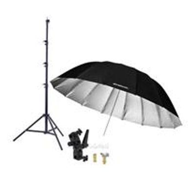 image of Westcott 7 Feet Silver Parabolic Umbrella BUNDLE with Umbrella Bracket / Adjutsable Flash Mount, 9.5' Black Lightstand with sku:weuslp7k-adorama