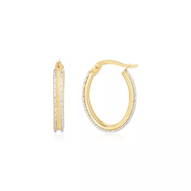 14K Two Tone Gold Diamond Cut Oval Hoop Earrings