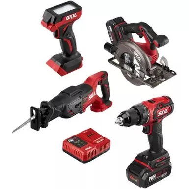 image of Skil - PWR CORE 20 Brushless 20V 4-Tool Kit: Drill Driver, Reciprocating Saw, Circular Saw and LED Light - Red/Black with sku:bb22067012-bestbuy