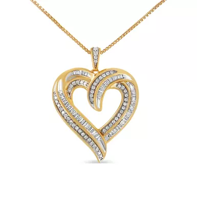 .925 Sterling Silver 3/4 Cttw Round and Baguette-Cut Diamond Open Heart 18" Pendant Necklace (I-J Color, I2-I3 Clarity) Choice of Metal Color