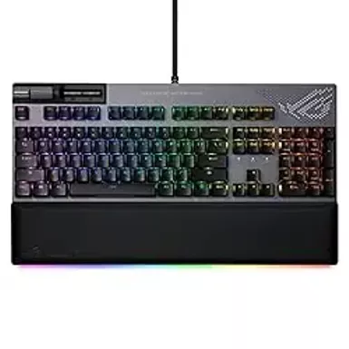 image of ASUS ROG Strix Flare II Animate 100% RGB Gaming Keyboard - Hot-swappable, ROG NX Blue Linear Switches, Customizable LED Display, PBT Keycaps, Acoustic Dampening Foam, Media Controls, Wrist Rest with sku:b0b82k98g4-amazon