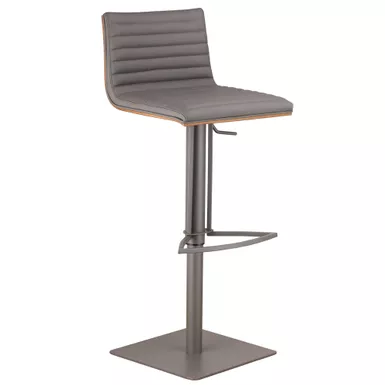 image of Café Adjustable Height Swivel Grey Faux Leather and Walnut Wood Bar Stool with Grey Metal Base with sku:lccaswbagrba-armen