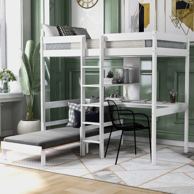 image of Nestfair White Twin Loft Bed with Convertible Lower Bed and L-Shape Desk - White with sku:wr3bgcehhk6nud7ytb9mgqstd8mu7mbs--ovr