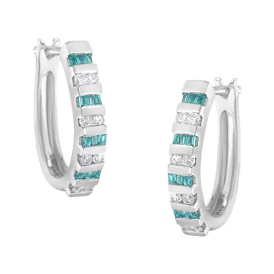 10k White Gold 1/2ct TDW Blue and White Diamond Hoop Earrings(I-J, I2-I3)