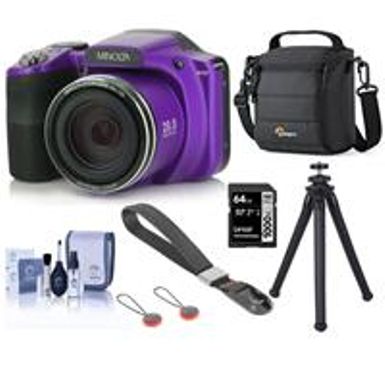 image of Minolta M35Z 20MP 1080p HD Bridge Digital Camera with 35x Optical Zoom, Purple - Bundle With 64GB SDXC Card, Camera Case, Peak Camera Cuff Wrist Strap, FotoPro UFO 2 Flexible Tripod, Cleaning Kit with sku:imn35zpe-adorama