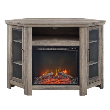 image of Walker Edison - Glass Two Door Corner Fireplace TV Stand for Most TVs up to 55" - Grey Wash with sku:bb21036199-6256203-bestbuy-walkeredison