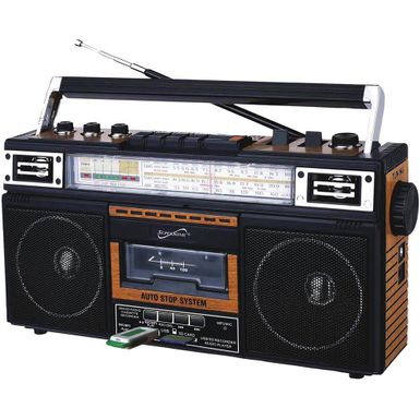 image of Supersonic SC3201BTWD / SC-3201BT-WD Retro 4-Band Radio and Cassette Player with Bluetooth - Wood with sku:sc3201btwd-electronicexpress