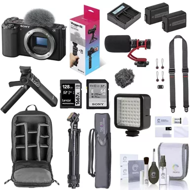 image of Sony ZV-E10 Mirrorless Camera Body, Black Bundle with ACCVC1 Vlogger Kit, Memory Card, Backpack, 2x Battery, Charger, Tripod, Strap, Microphone, Screen Protector, LED Light, Cleaning Kit with sku:isozve10bvck-adorama