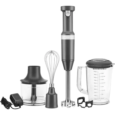 image of KitchenAid Cordless Variable Speed Hand Blender with Chopper and Whisk Attachment in Matte Charcoal Gray with sku:khbbv83dg-almo