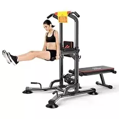 SQUATZ Pull-Up Workout Station with Bench - Multifunctional Gym Equipment Setup w/Pulling Bar, Sit-Up Board, Backrest, Elbow Pad, & Steel Main Frame, Great for Home Exercise and Weight Training