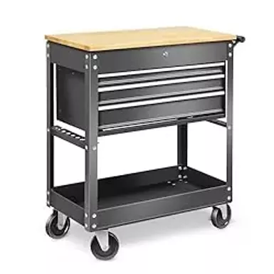 DNA MOTORING 3-Drawers Wood Top Utility Rolling Tool Chest Cabinet with Wheels, Heavy Duty Industrial Service Cart Keyed Locking System, for Garage Warehouse Workshop, Black, TOOLS-00403