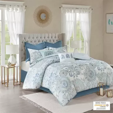 image of Blue Isla 8 Piece Cotton Floral Printed Reversible Comforter Set King with sku:mp10-5804-olliix