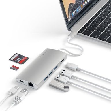 image of Satechi Aluminum Multi-Port Adapter V2-4K HDMI (30Hz), Gigabit Ethernet, USB-C Pass-Through, SD/Micro Card Readers, USB 3.0 Ports for 2016/2017 MacBook Pro, 2015/2016/2017 MacBook and more (Silver) with sku:satsttcma2s-adorama