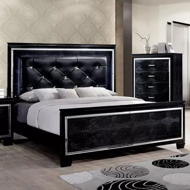 Contemporary Faux Leather California King LED Panel Bed in Black