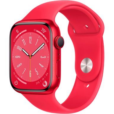 image of Apple Watch Series 8 GPS 45mm (PRODUCT)RED Aluminum Case with (PRODUCT)RED Sport Band - M/L - (PRODUCT)RED with sku:bb21207623-6340260-bestbuy-apple