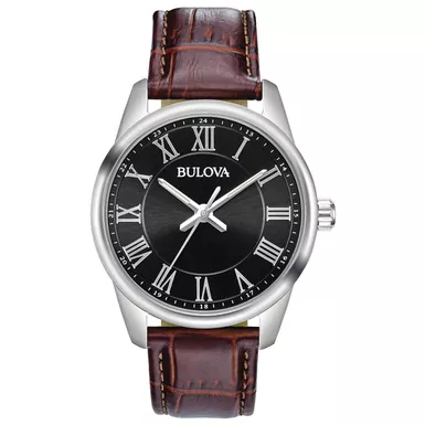 Bulova - Men's Quartz Brown Leather Strap Watch Black Dial