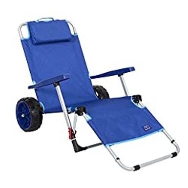 image of Mac Sports Beach Day Foldable Chaise Lounge Chair with Integrated Wagon Pull Cart Combination and Heavy Wheels - Perfect for Beach, Backyard, Pool or Picnic Blue with sku:b07tphyh83-mac-amz
